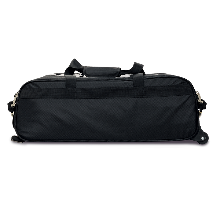 Premium Slim Triple Tote Black side view of backside of bag.