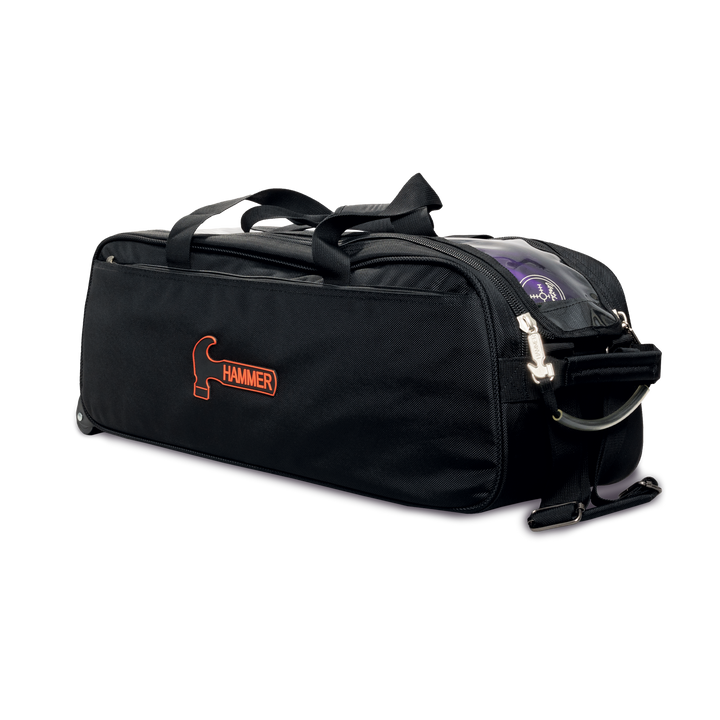 Premium Slim Triple Tote Black three quarter side view with handle facing right.