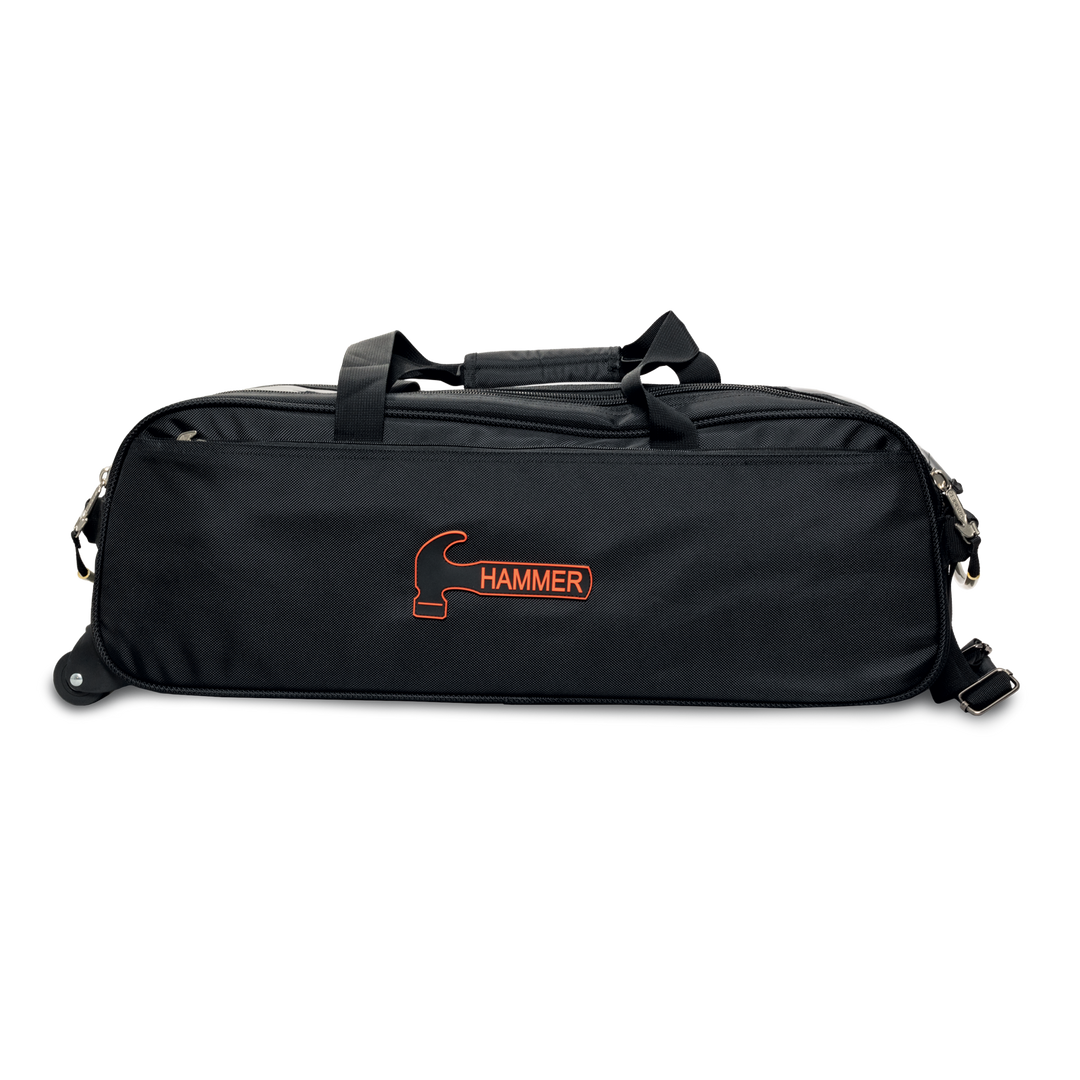Premium Slim Triple Tote Black side view looking straight on.