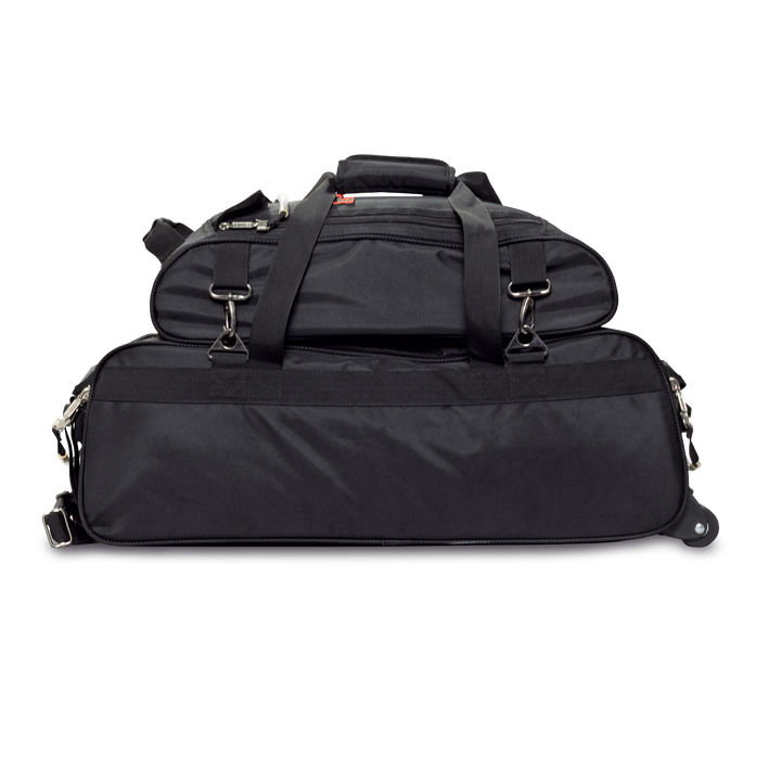 Black premium slim triple tote straight-on view of backside.