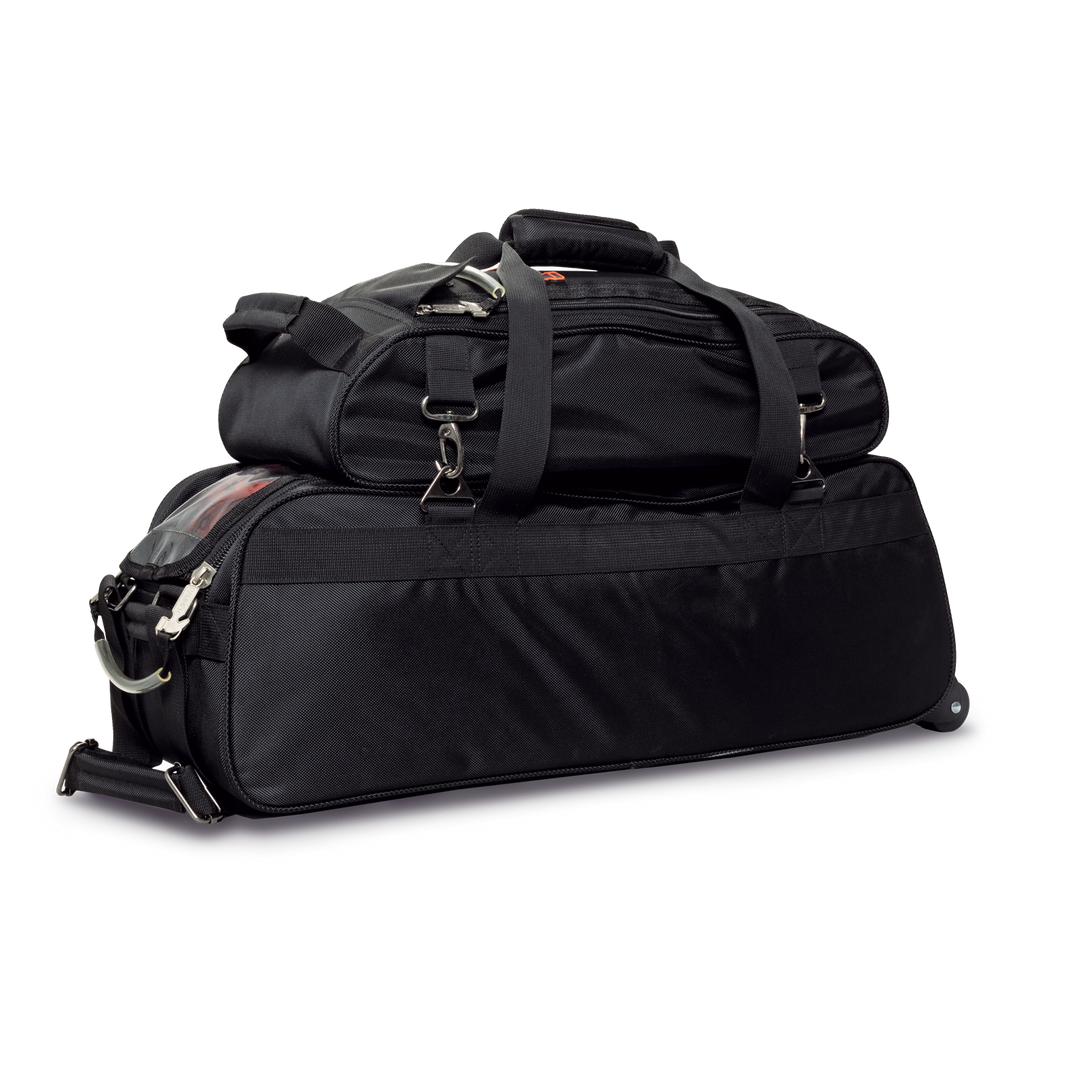 Black premium slim triple tote three-quarter view of backside facing right.
