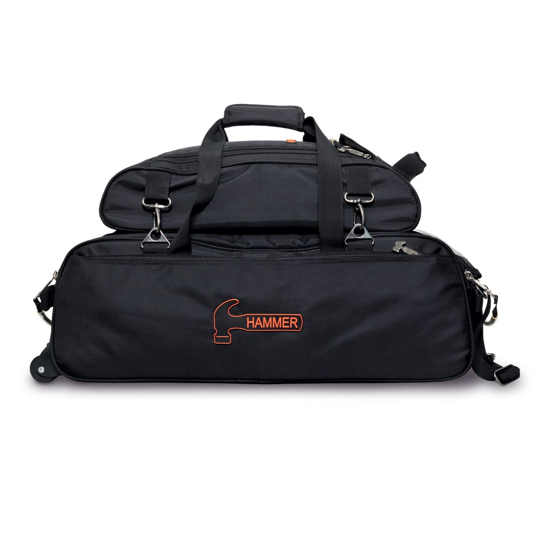 Black triple tote with shoe pouch attached on the top above the ball area and the Hammer logo in orange centered on the side panel.