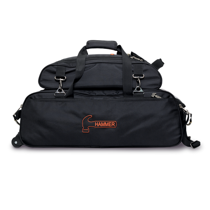 Black triple tote with shoe pouch attached on the top above the ball area and the Hammer logo in orange centered on the side panel.