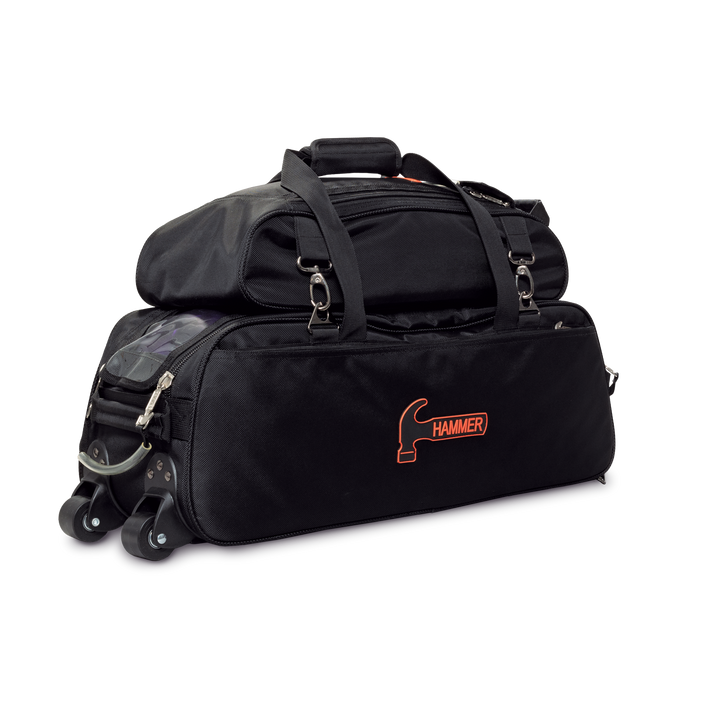 Black premium slim triple tote three-quarter view facing right.