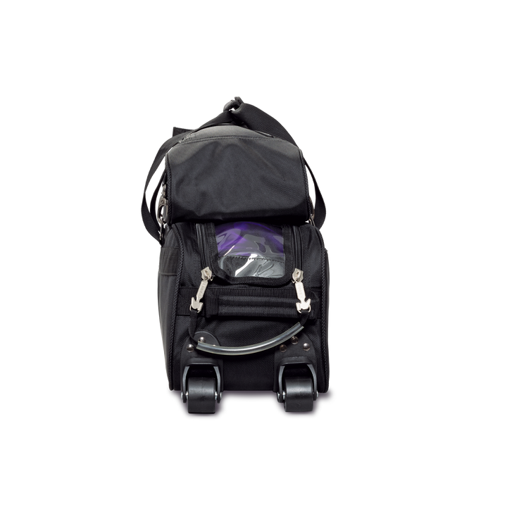 Black premium slim triple tote straight-on view of end with wheels.