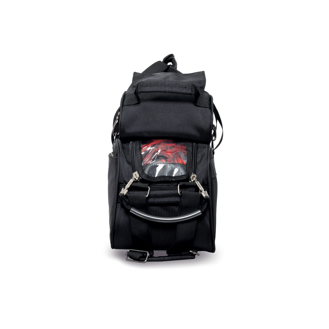 Black premium slim triple tote straight-on view of end with pull handles.