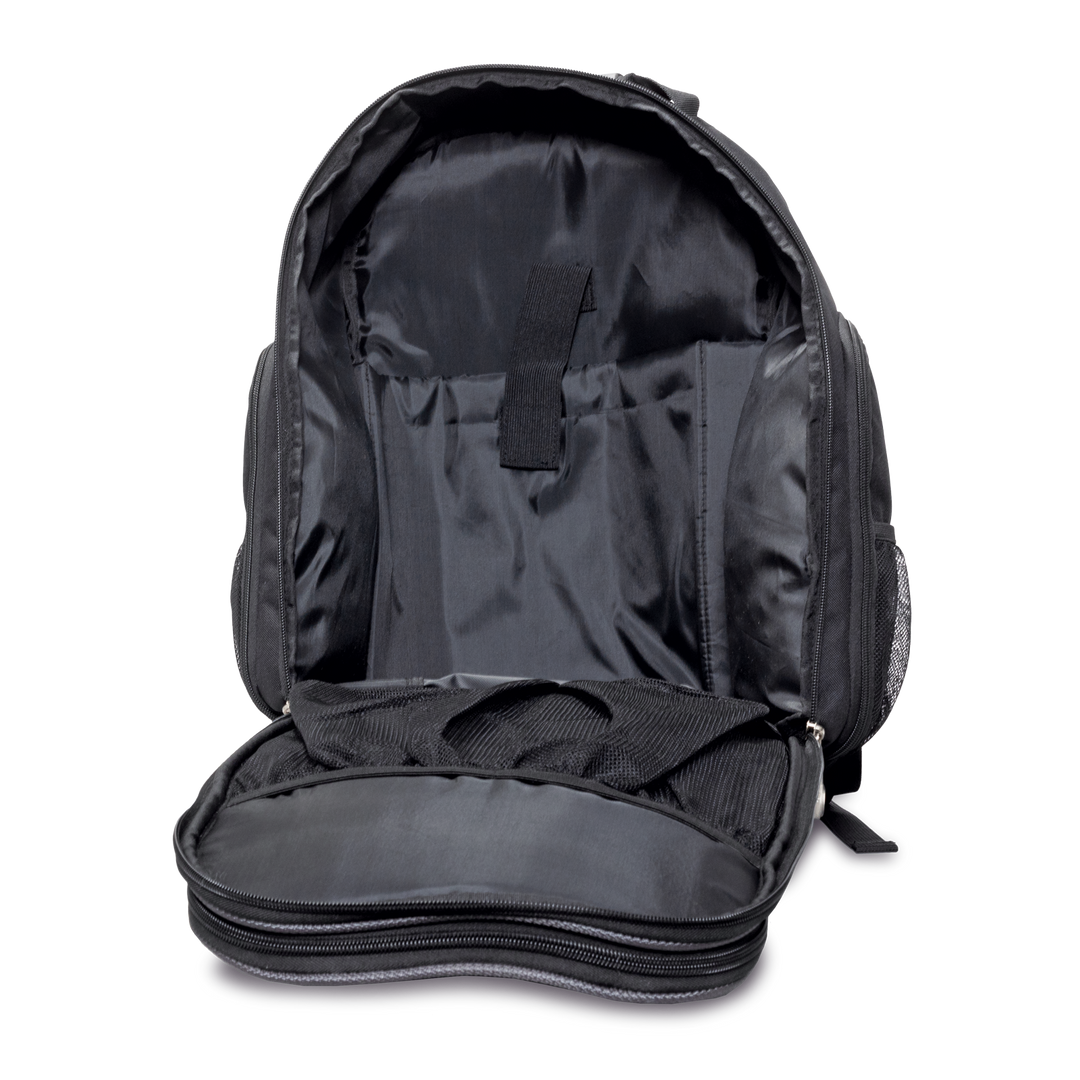 Tournament Backpack three quarter front view facing left with main pocket open.