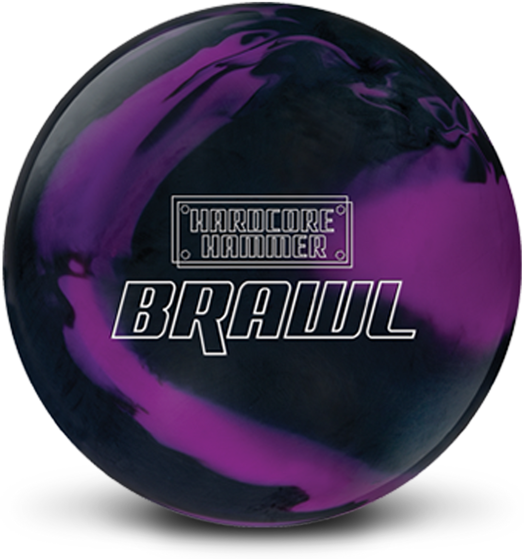 A black and violet colored bowling ball with the Hardcore Hammer Brawl logo in white centered prominently.