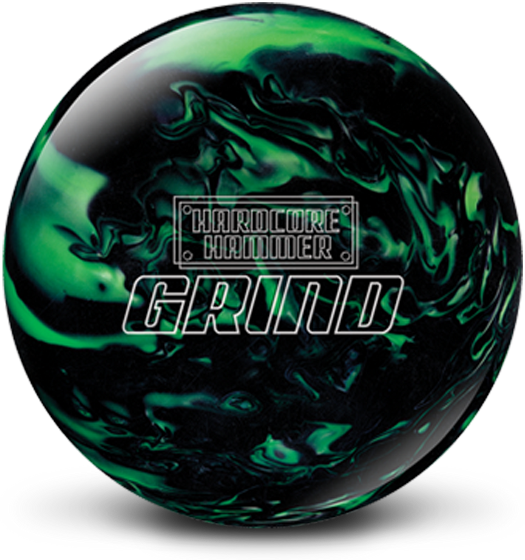 A black and green colored bowling ball with the Hardcore Hammer Grind logo in white centered prominently.