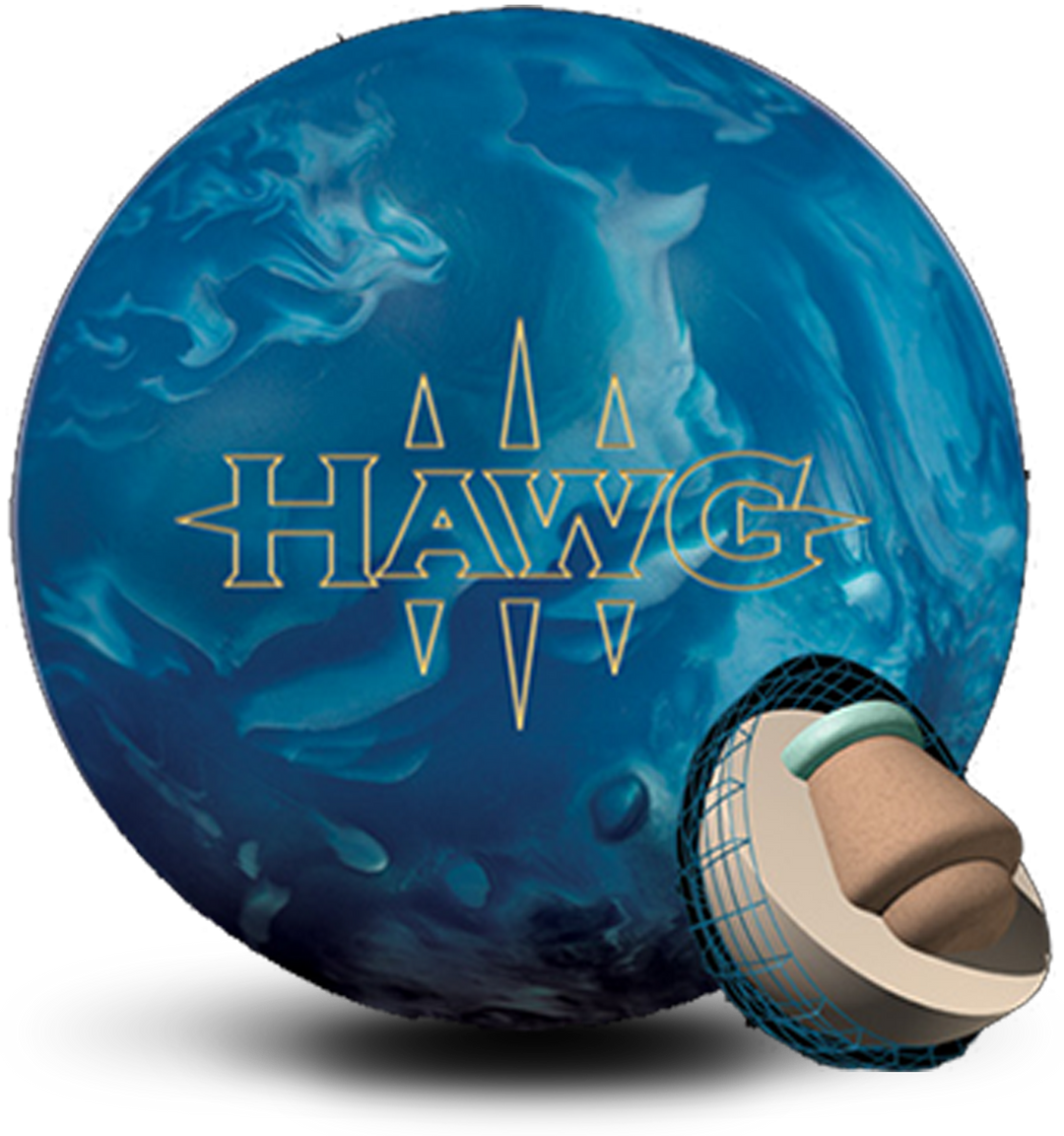 A blue and light blue colored bowling ball with the HAWG logo in white centered prominently. Also with a small core image in the lower right-hand corner.