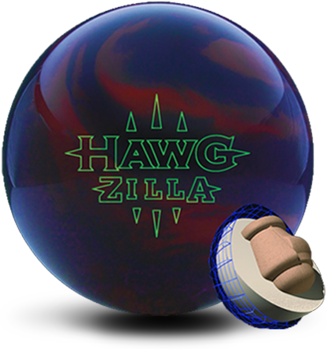A purple and burgundy colored bowling ball with the HAWG ZILLA logo in green centered prominently. Also with a small core image in the lower right-hand corner.
