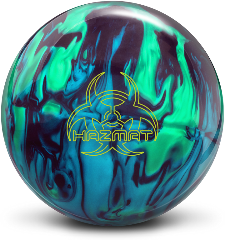 A black, sapphire blue, and jade green colored bowling ball with the Hazmat logo in yellow centered prominently.