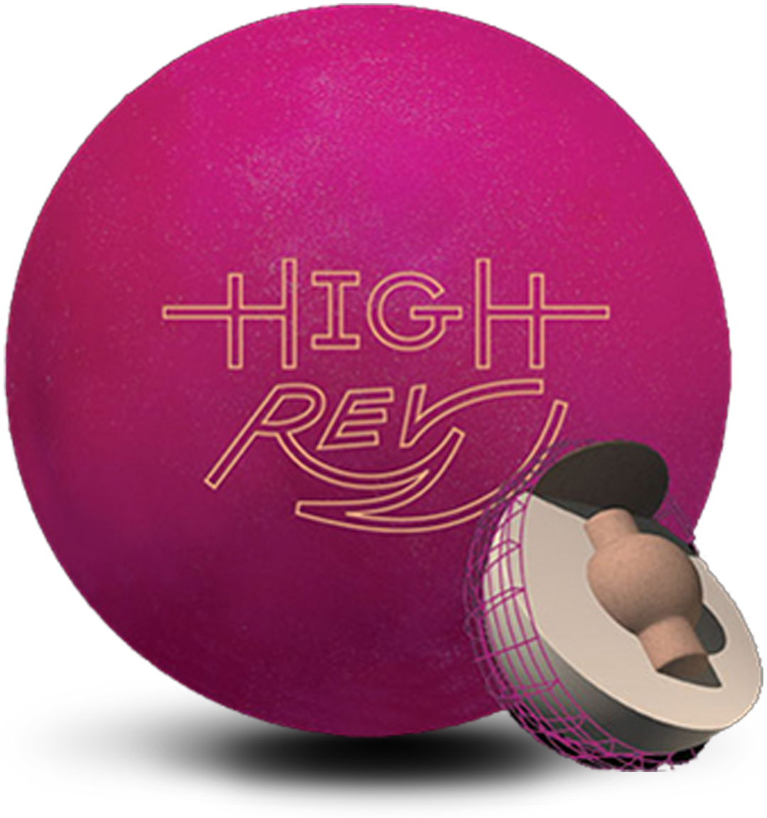 A magenta colored bowling ball with the High Rev logo in white centered prominently. Also with a small core image in the lower right-hand corner.