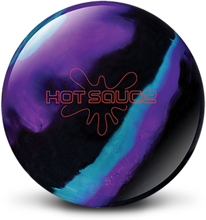 A black, purple, and sky blue colored bowling ball with the Hot Sauce log in orange centered prominently.