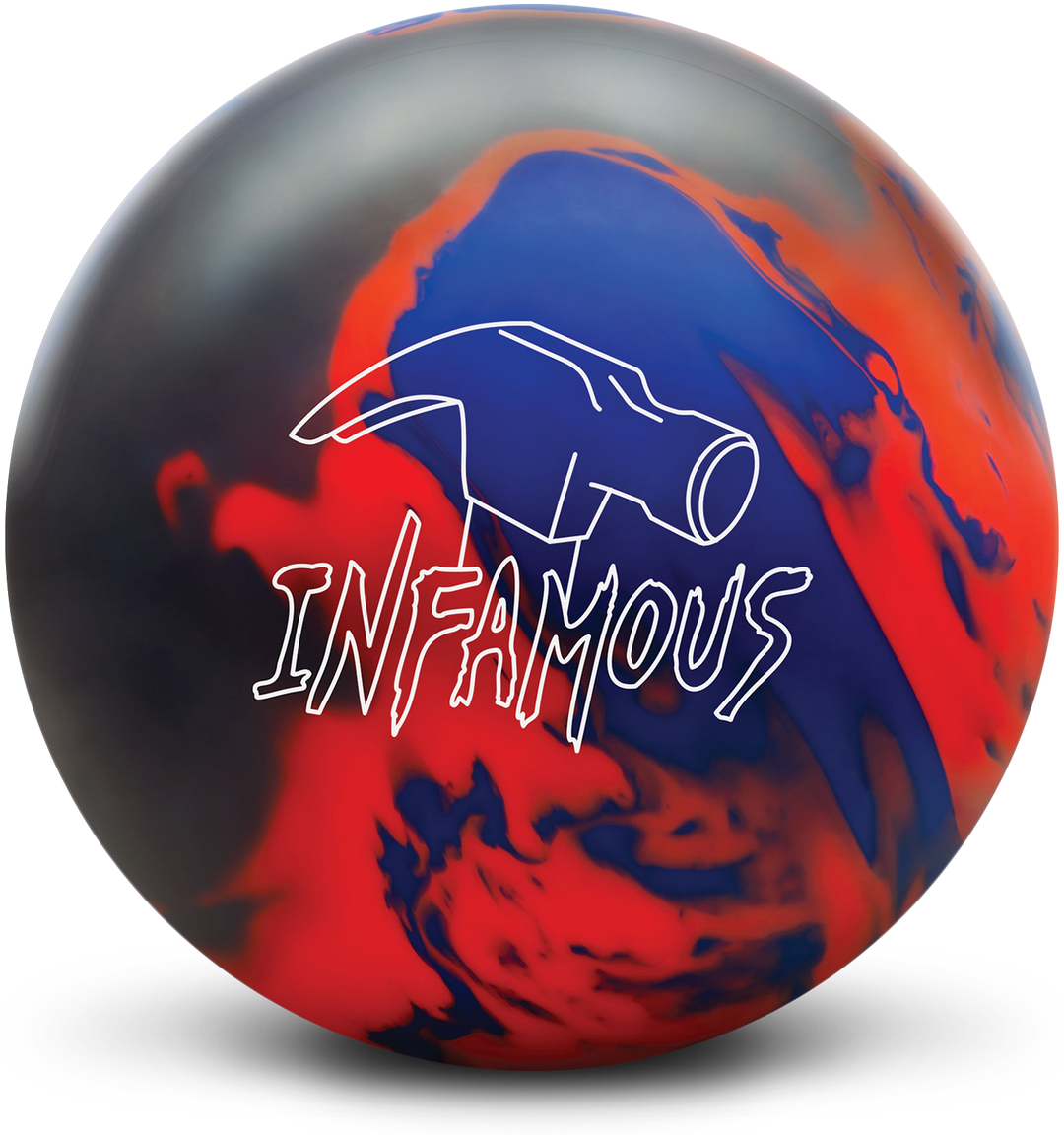 A grey, royal blue, and coral red colored bowling ball with the Infamous logo in white centered prominently.