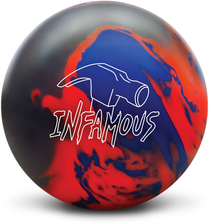 A grey, royal blue, and coral red colored bowling ball with the Infamous logo in white centered prominently.