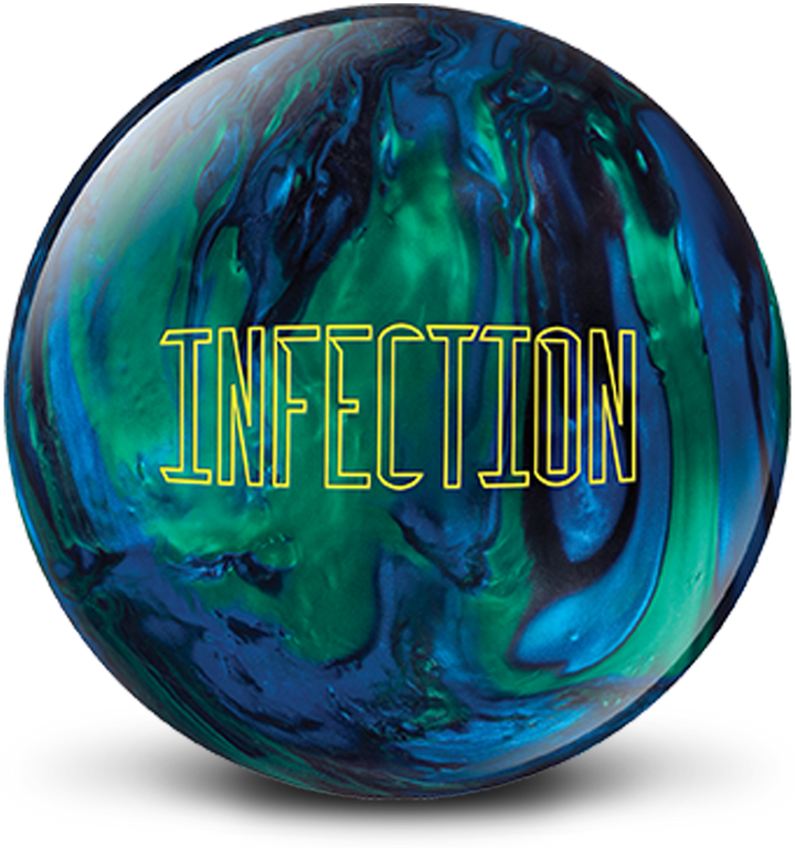 A black, blue, and green bowling ball with the Infection logo in bright yellow centered prominently.