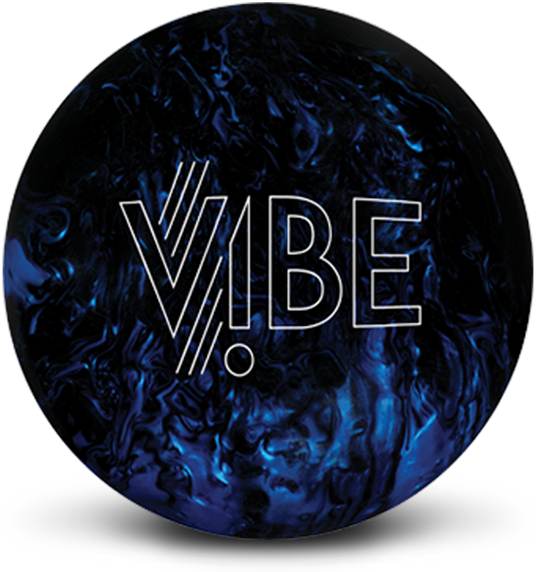 A dark blue with light blue swirls colored bowling ball with the VIBE logo in white centered prominently.