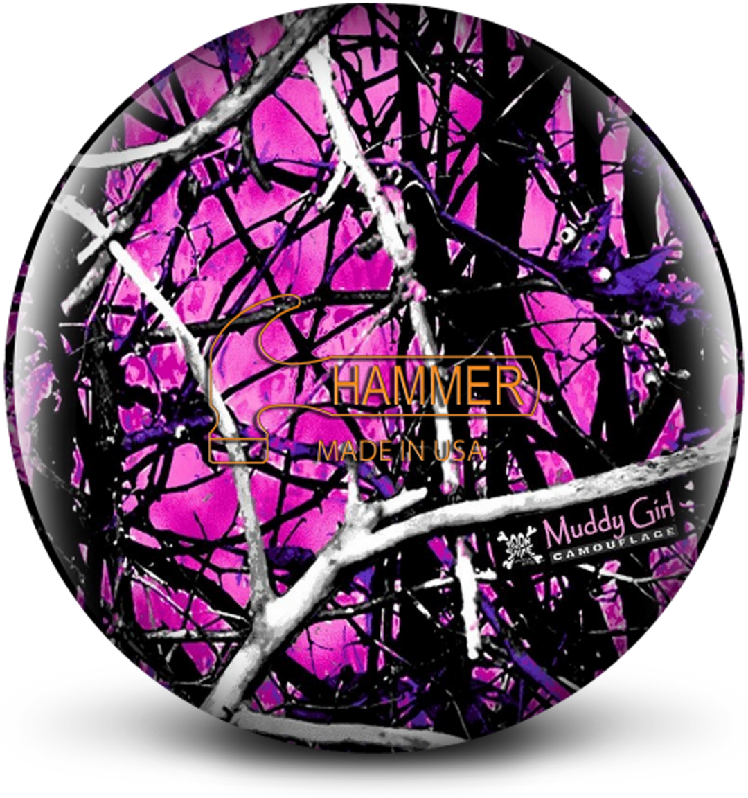 A pink bowling ball with black and white tree branches in the background and with the Hammer outlined logo in orange centered prominently. Also containing the Muddy Girl Camouflage logo in the lower right quadrant of the ball.