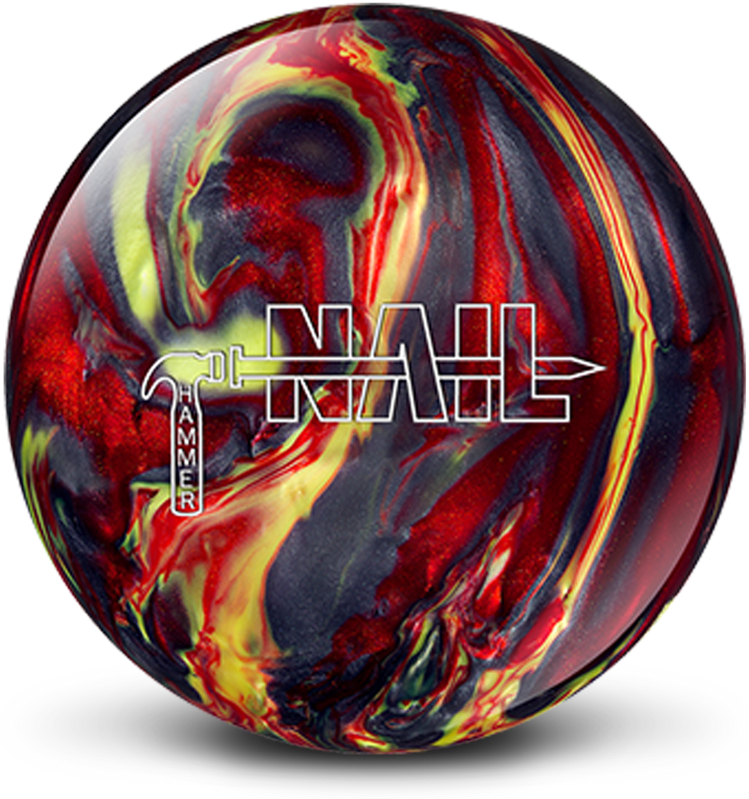 A smoke grey, red, and yellow colored bowling ball with the Hammer Nail logo in white centered prominently.