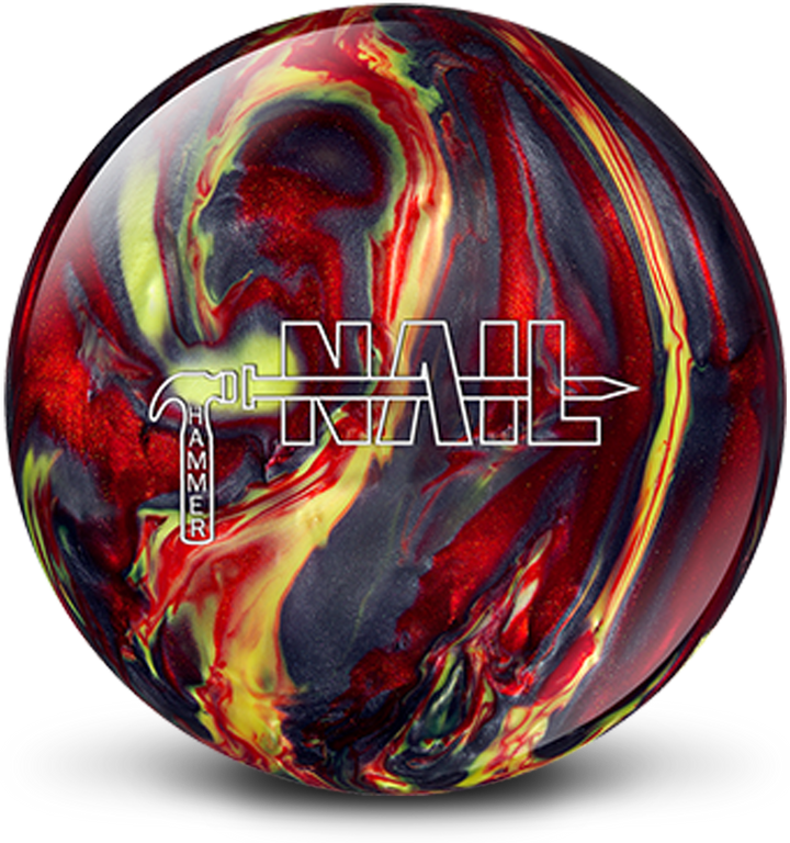 A smoke grey, red, and yellow colored bowling ball with the Hammer Nail logo in white centered prominently.