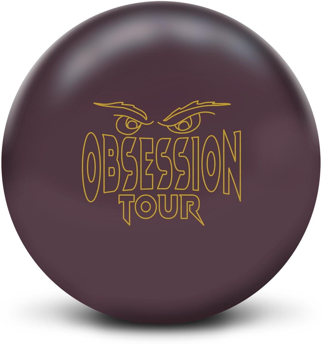 A burgundy colored bowling ball with the Obsession Tour logo in gold centered prominently.
