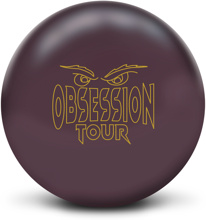 A burgundy colored bowling ball with the Obsession Tour logo in gold centered prominently.