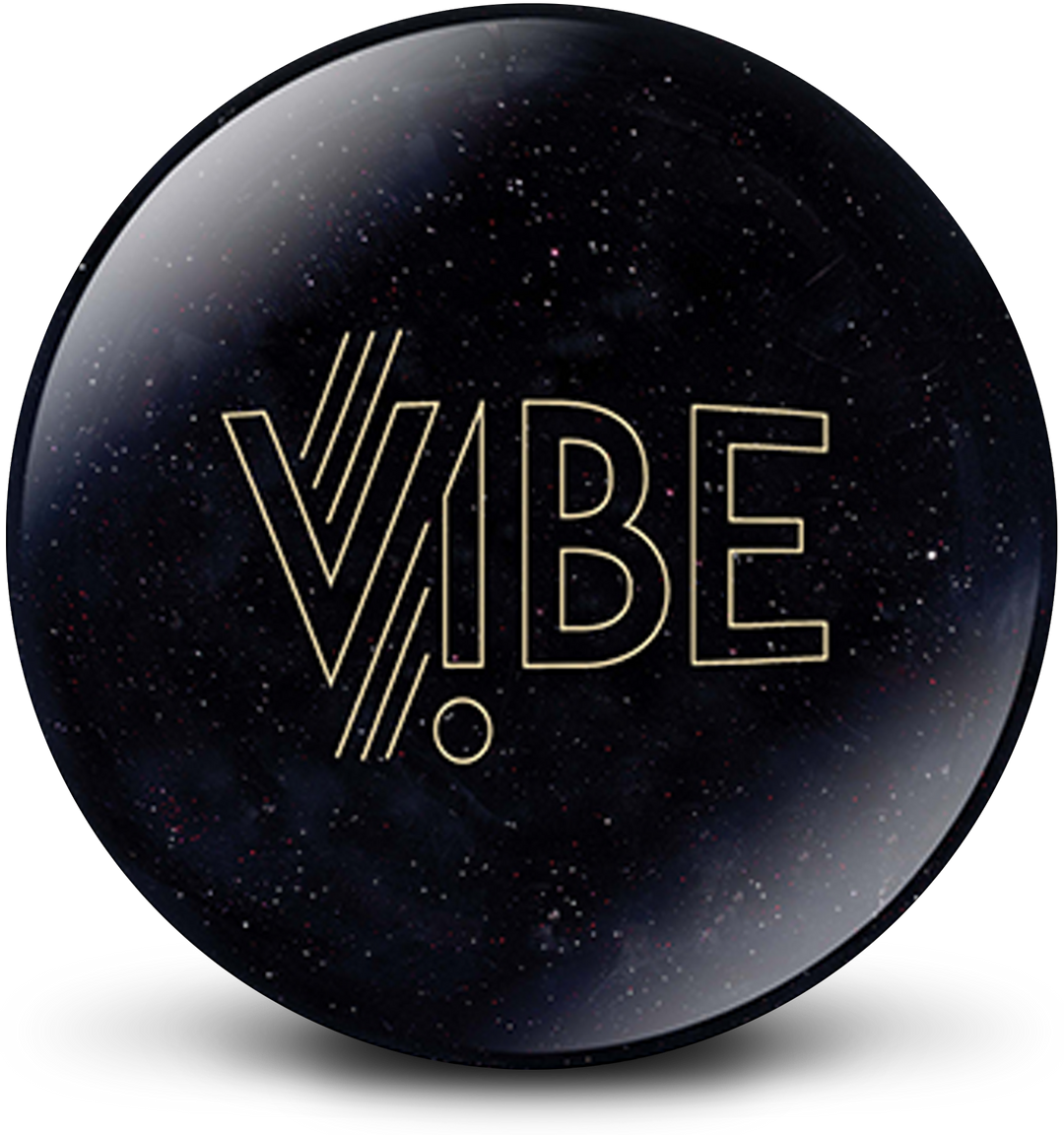An onyx black bowling ball with speckles and the VIBE logo in yellow centered prominently.