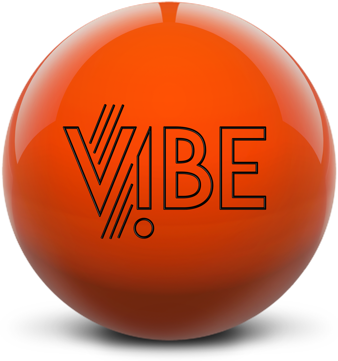 An orange bowling ball with the VIBE logo in black centered prominently.