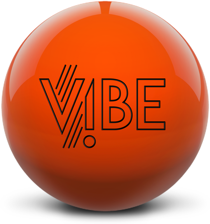 An orange bowling ball with the VIBE logo in black centered prominently.