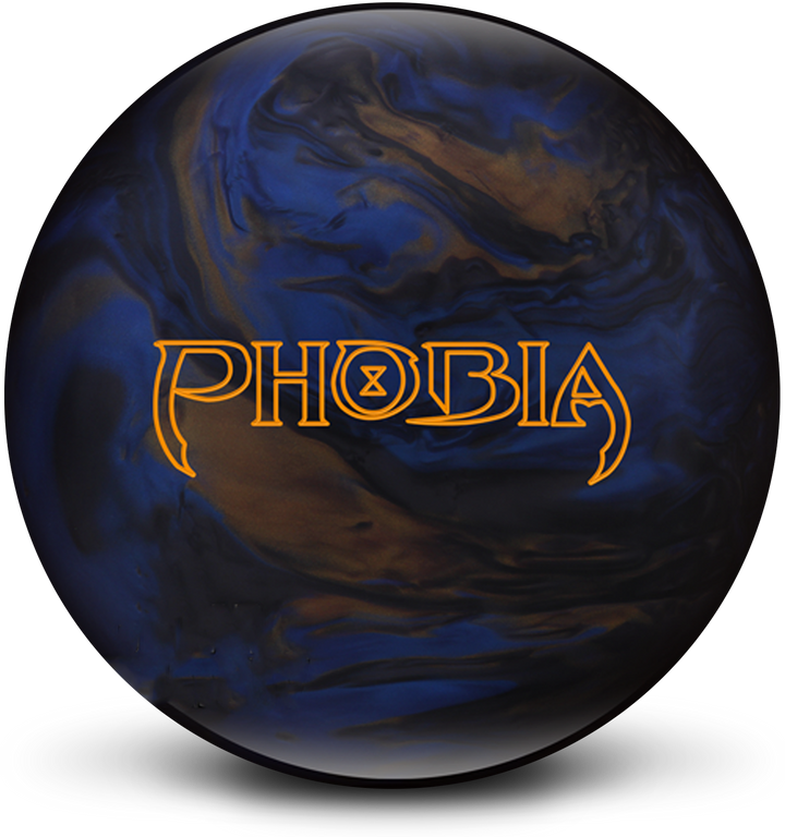 A smoke, blue, and bronze colored bowling ball with the Phobia logo in orange centered prominently.