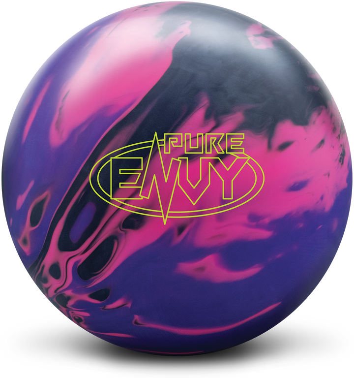 A black, pink, and purple colored bowling ball with the Pure Envy logo in bright yellow centered prominently.