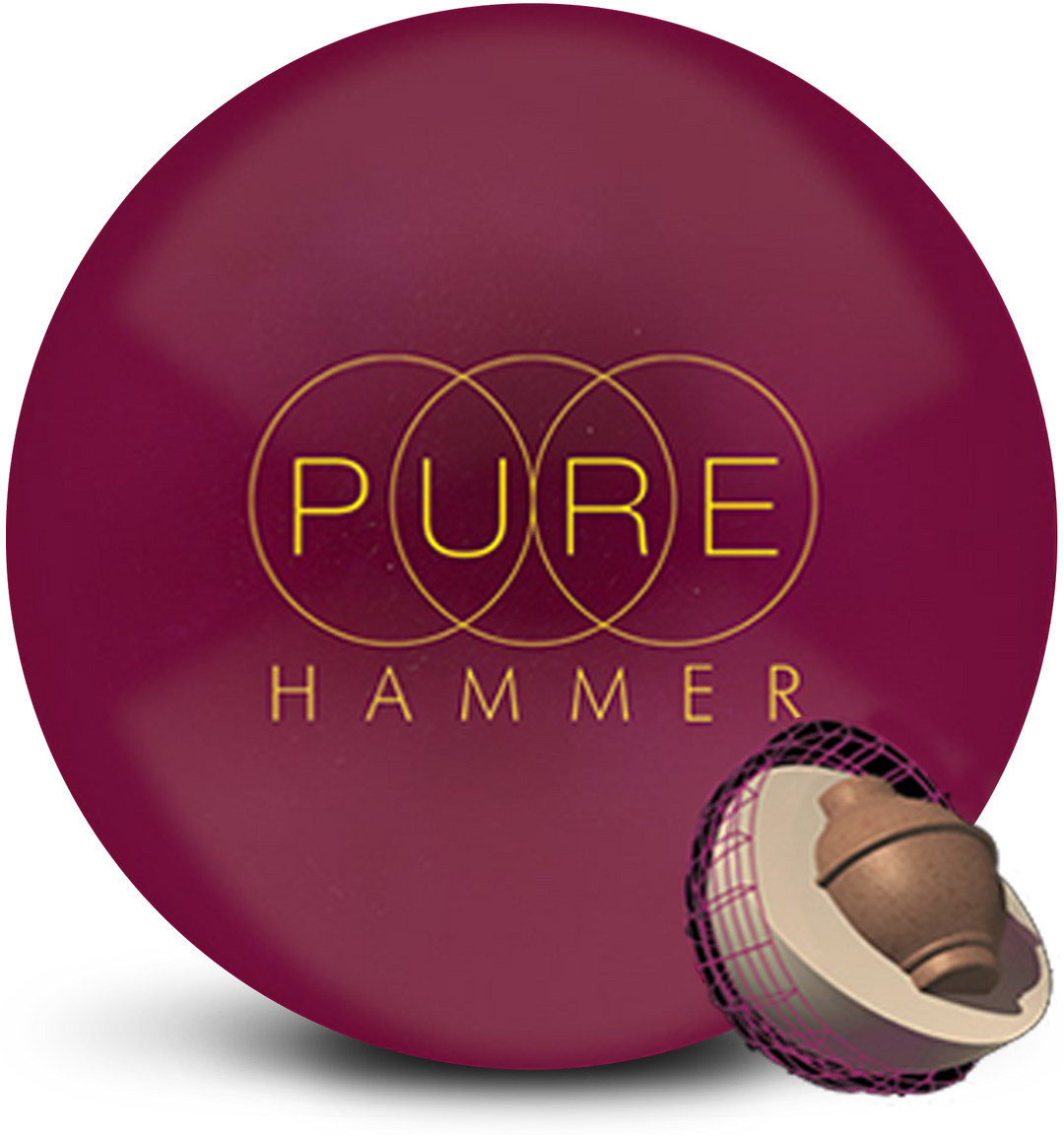A burgundy colored bowling ball with the PURE Hammer logo in yellow centered prominently. Also with a small core image in the lower right-hand corner.