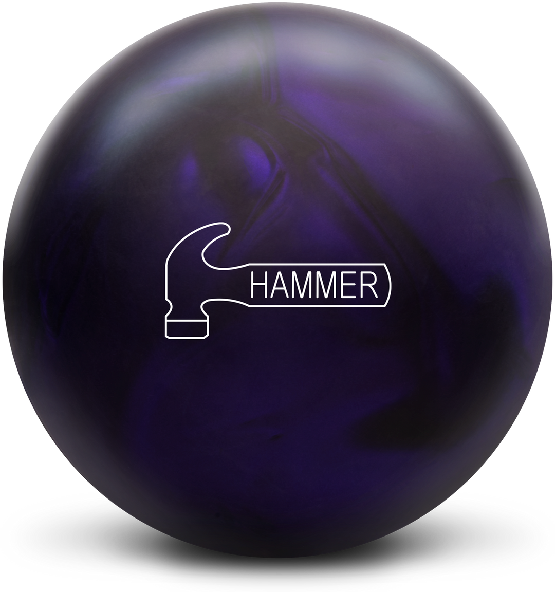 A purple and black colored bowling ball with the Hammer logo in white centered prominently.