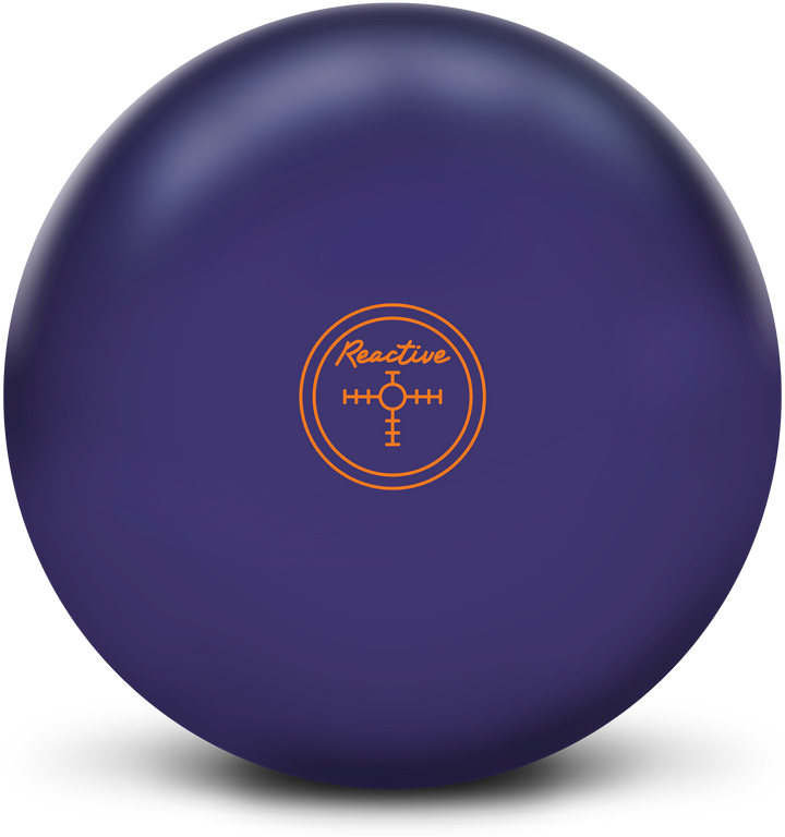 A purple colored bowling ball with the Reactive crosshairs center of gravity marker in orange centered prominently.