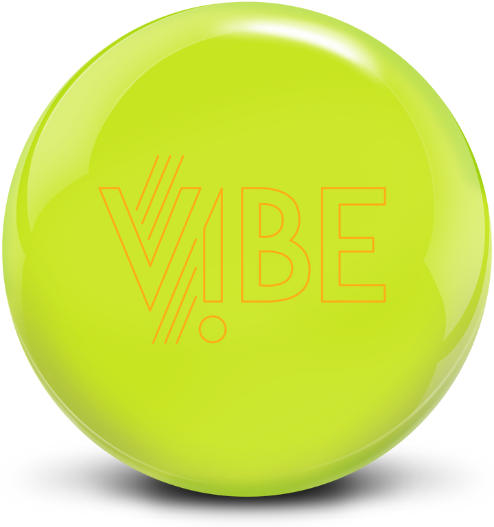 A bright, neon yellow colored bowling ball with the VIBE logo in orange centered prominently.