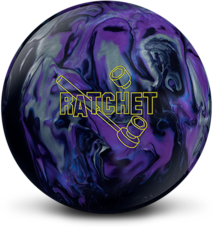 A violet, black, and silver bowling ball with the Ratchet logo in yellow centered prominently.