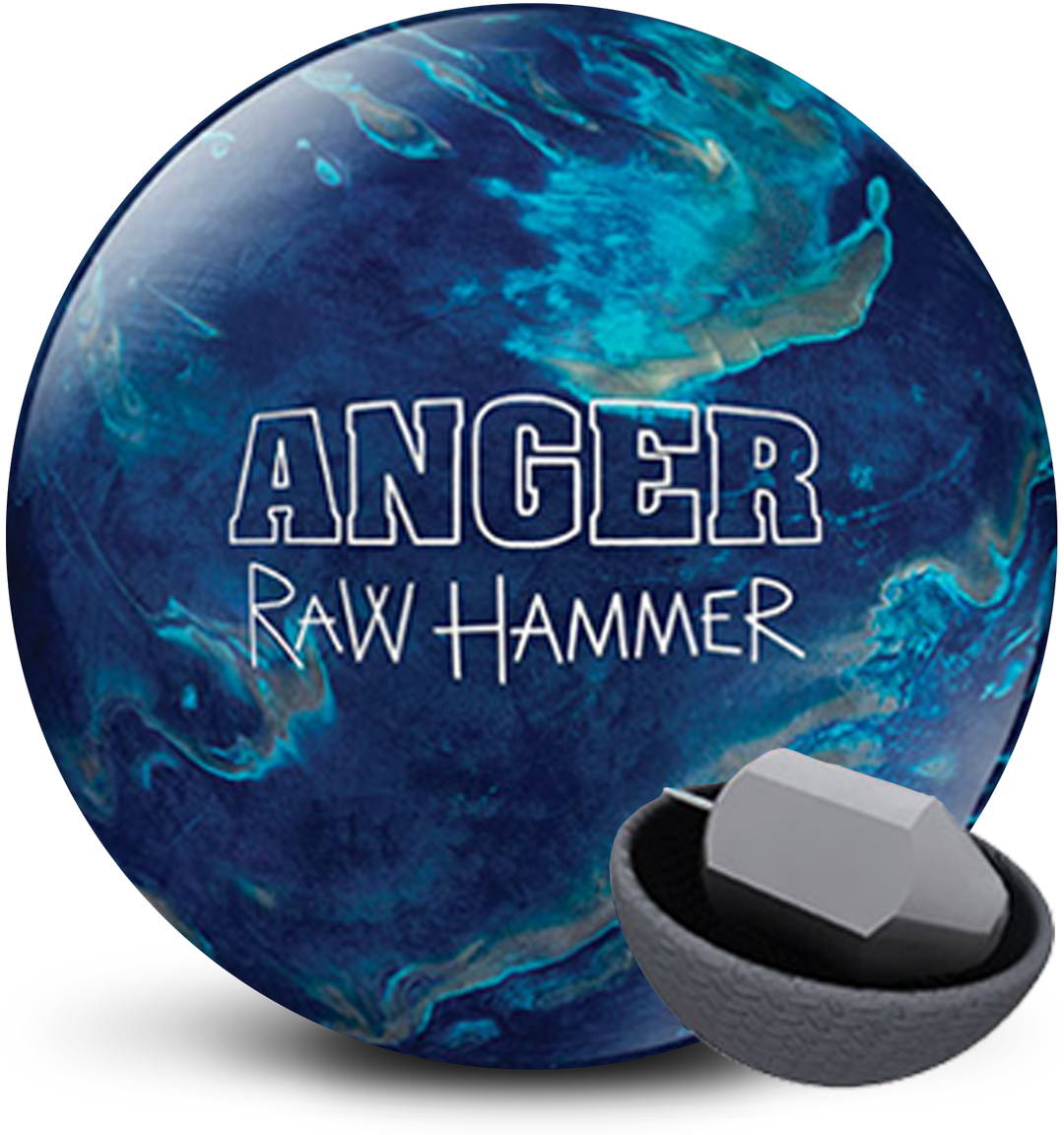 A blue, light blue, and silver bowling ball with the Raw Hammer Anger logo in white centered prominently. Also with a small core image in the lower right-hand corner.
