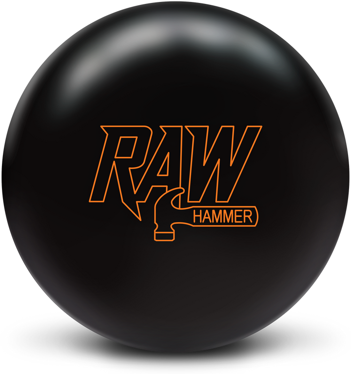 A black colored bowling ball with the Raw Hammer logo in orange centered prominently.