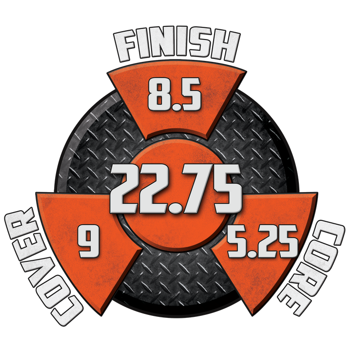 Raw Hammer black performance graphic with an 8.5 finish, a 5.25 core, a 9 cover and a cumulative score of 22.75.