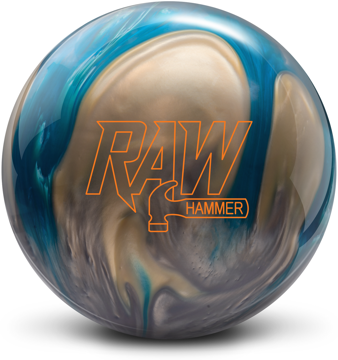 A blue, silver, and white colored bowling ball with the Raw Hammer logo in orange centered prominently.