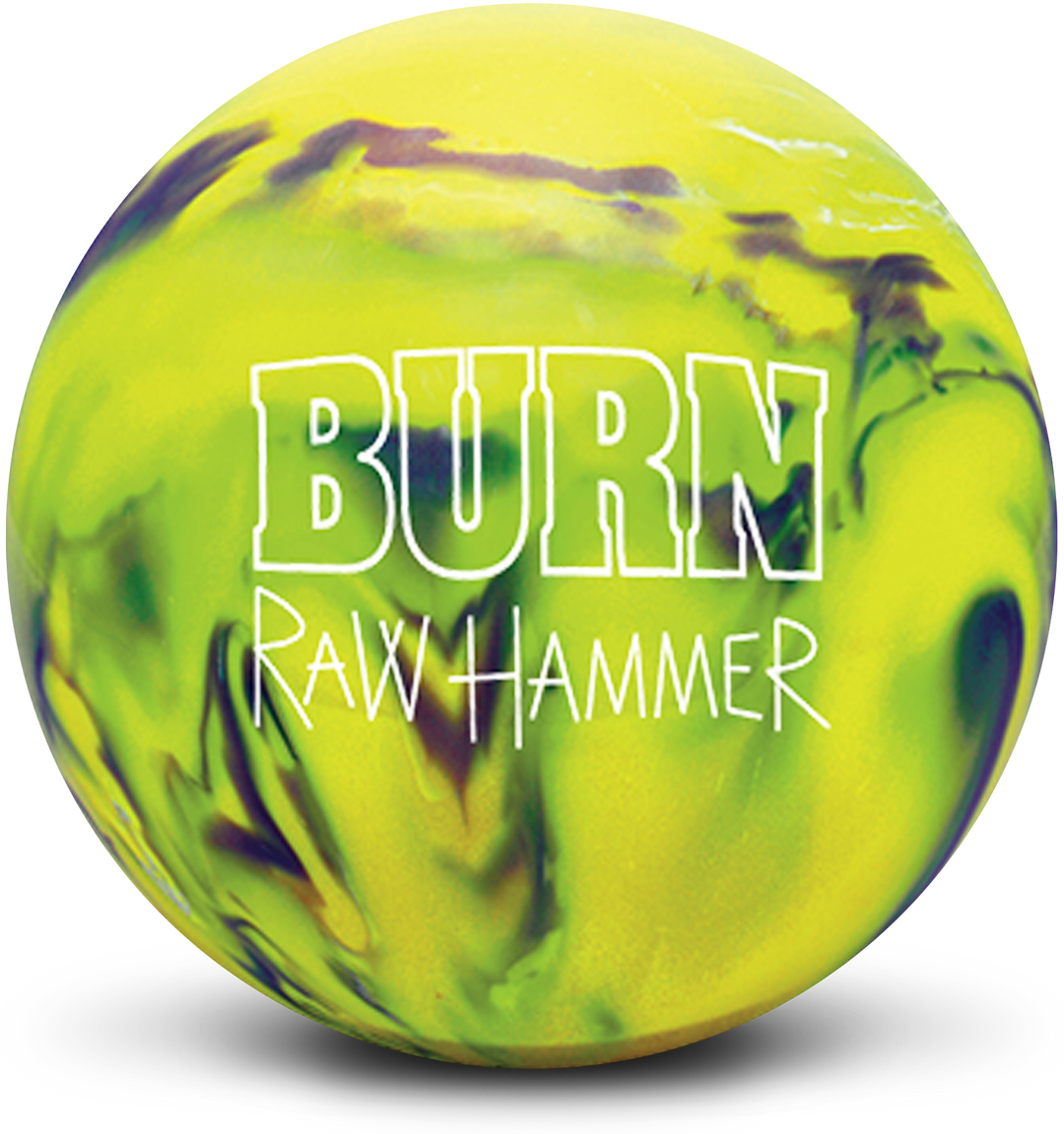 A yellow and silver colored bowling ball with the Burn Raw Hammer logo in white centered prominently.