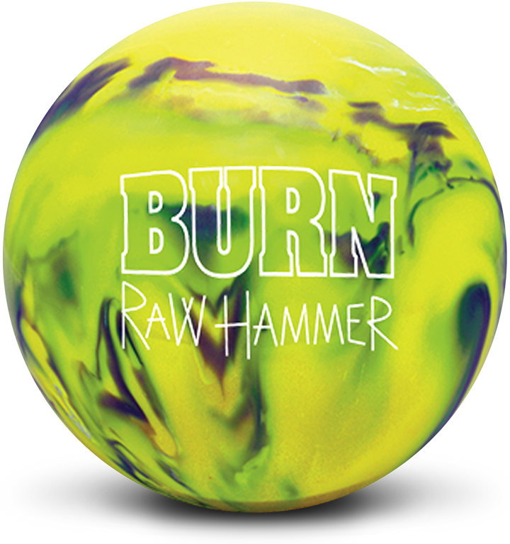 A yellow and silver colored bowling ball with the Burn Raw Hammer logo in white centered prominently.
