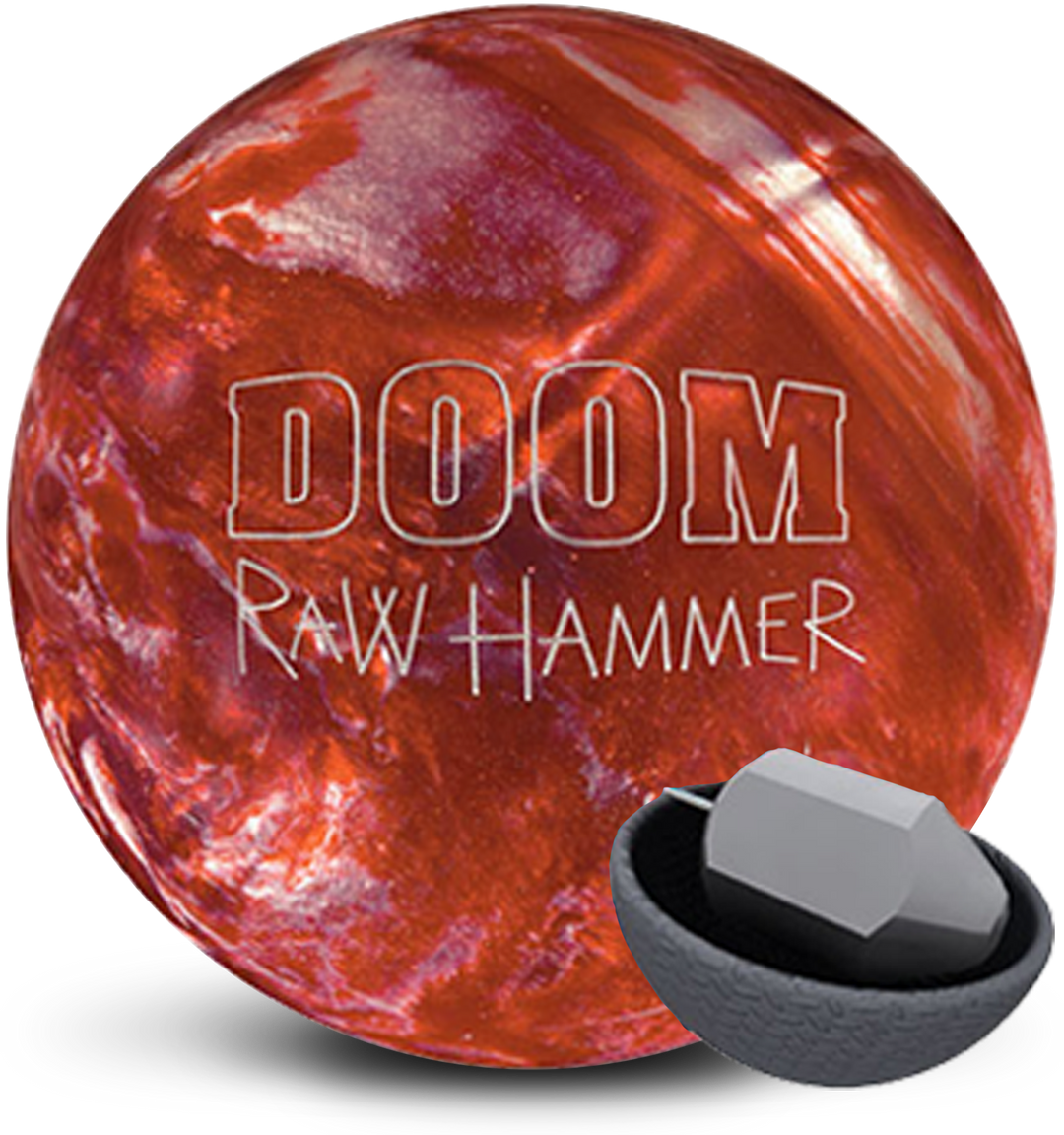 A burnt orange and white colored bowling ball with the Raw Hammer DOOM logo in white centered prominently. Also with a small core image in the lower right-hand corner.