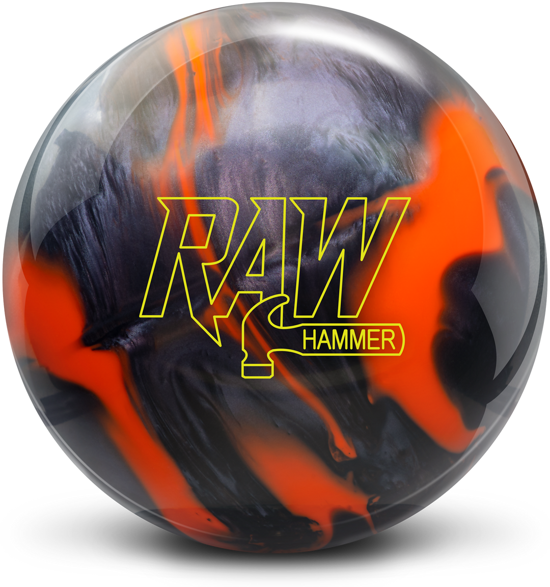 A swirl colored bowling ball with orange and shades of black and grey with the RAW Hammer logo in neon yellow centered prominently.