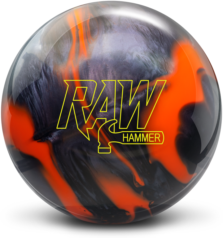 A swirl colored bowling ball with orange and shades of black and grey with the RAW Hammer logo in neon yellow centered prominently.