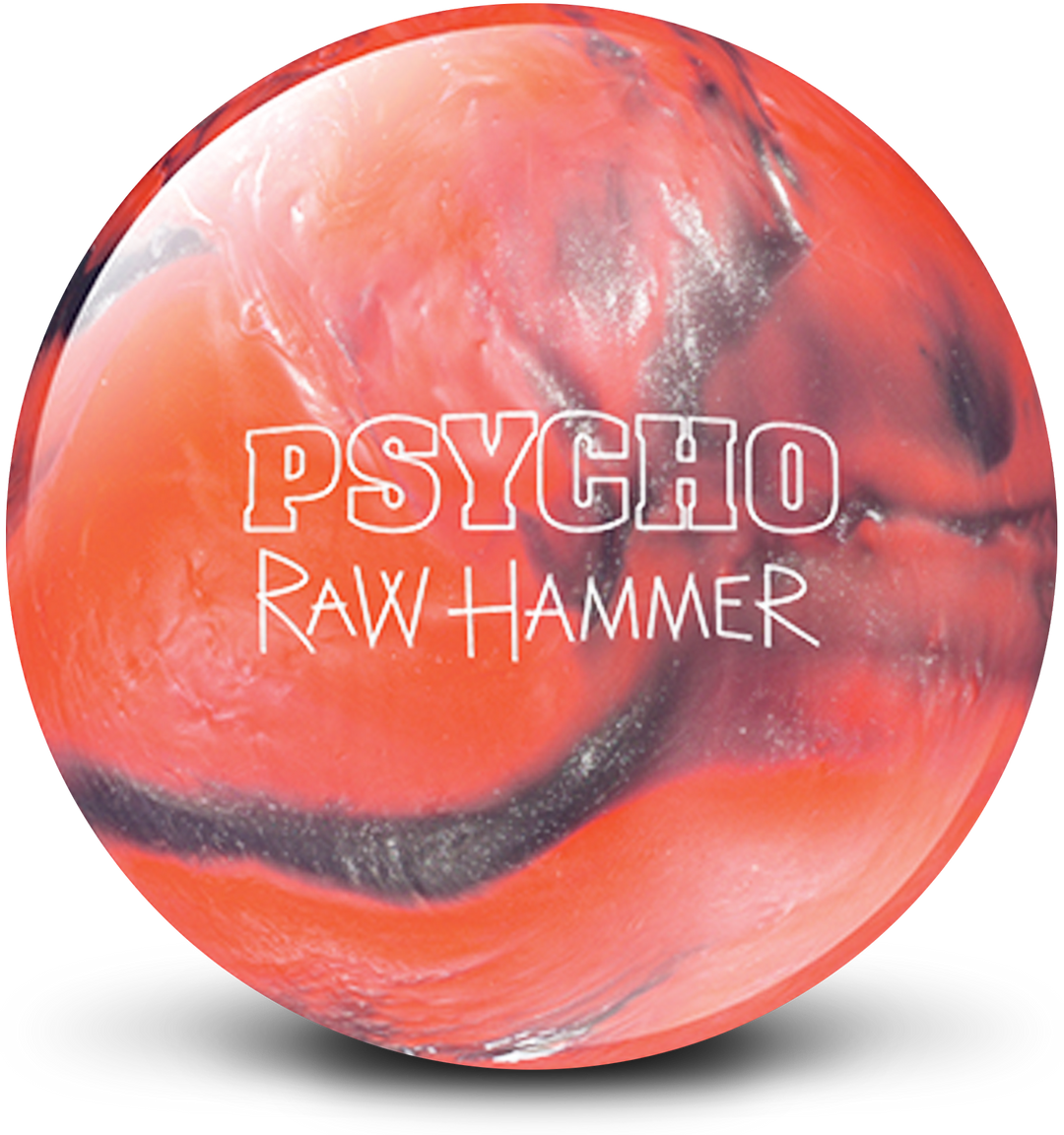 An orange and silver colored bowling ball with the Raw Hammer Psycho logo in white centered prominently.
