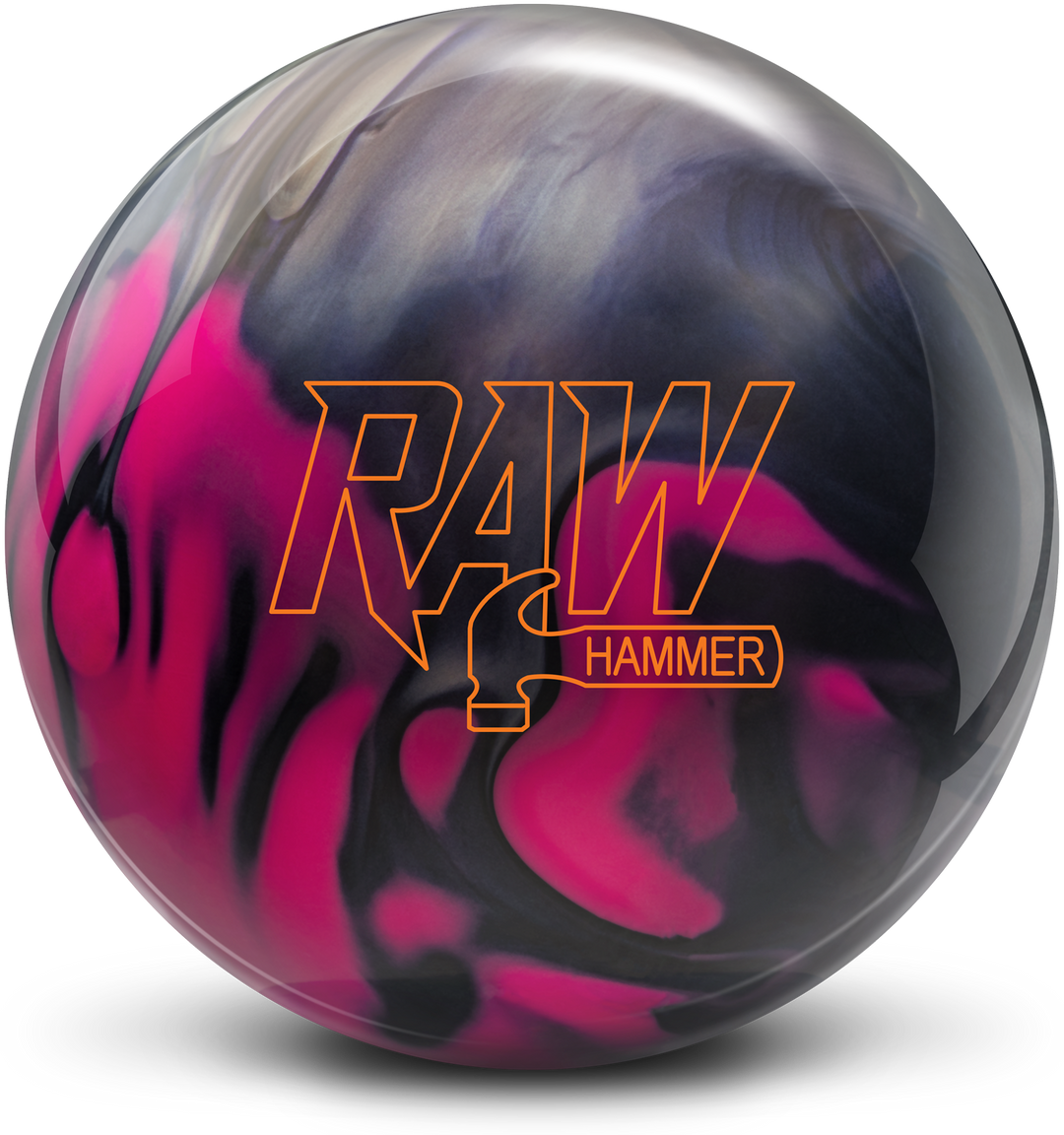 A purple, pink, and silver colored bowling ball with the RAW Hammer logo in orange centered prominently.