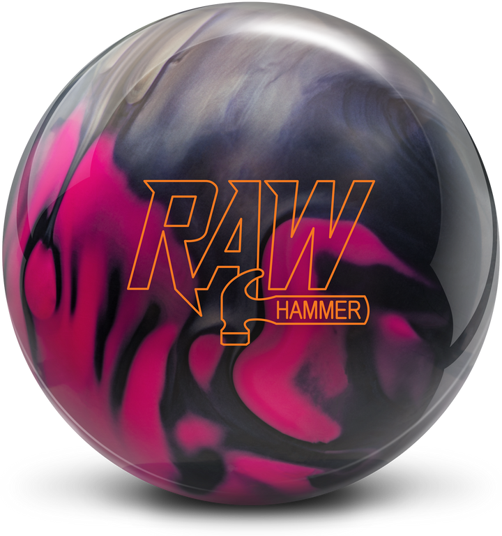 A purple, pink, and silver colored bowling ball with the RAW Hammer logo in orange centered prominently.