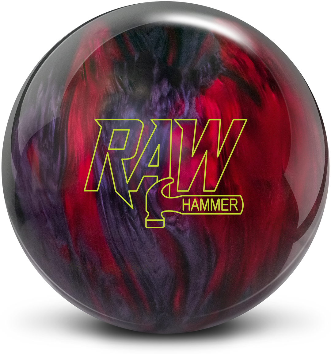 A red, smoke grey, and black colored bowling ball with the Raw Hammer logo in yellow-green.